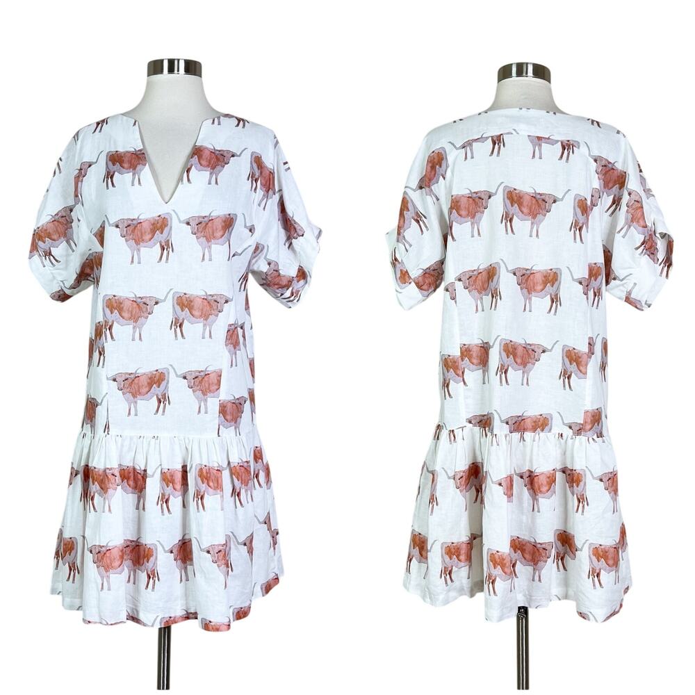 Brooke Wright | Ophelia Longhorn Steer Cow Print White Cotton Linen Mini Dress L